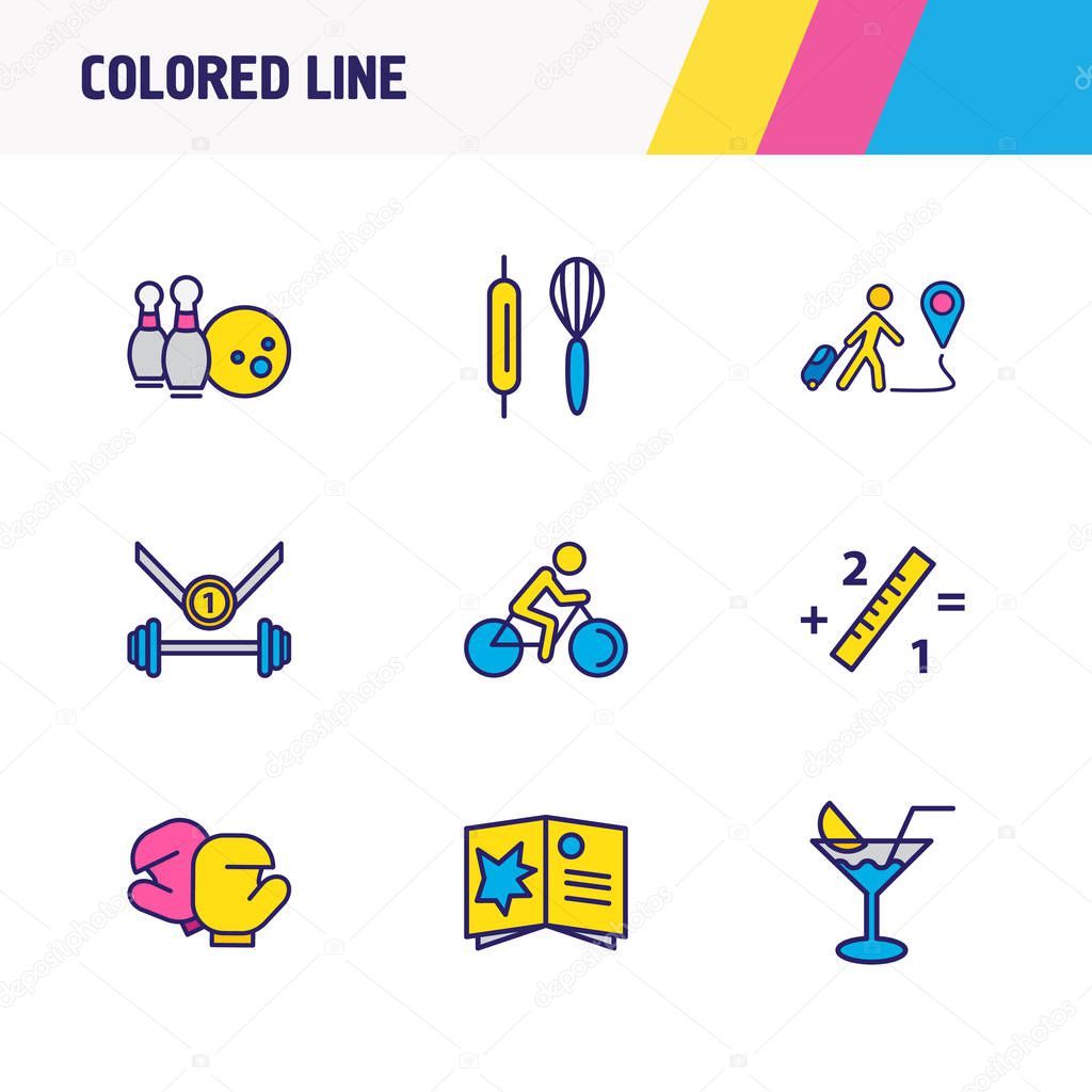 Vector illustration of 9 entertainment icons colored line. Editable set of travelling, bowling, sports and other icon elements.