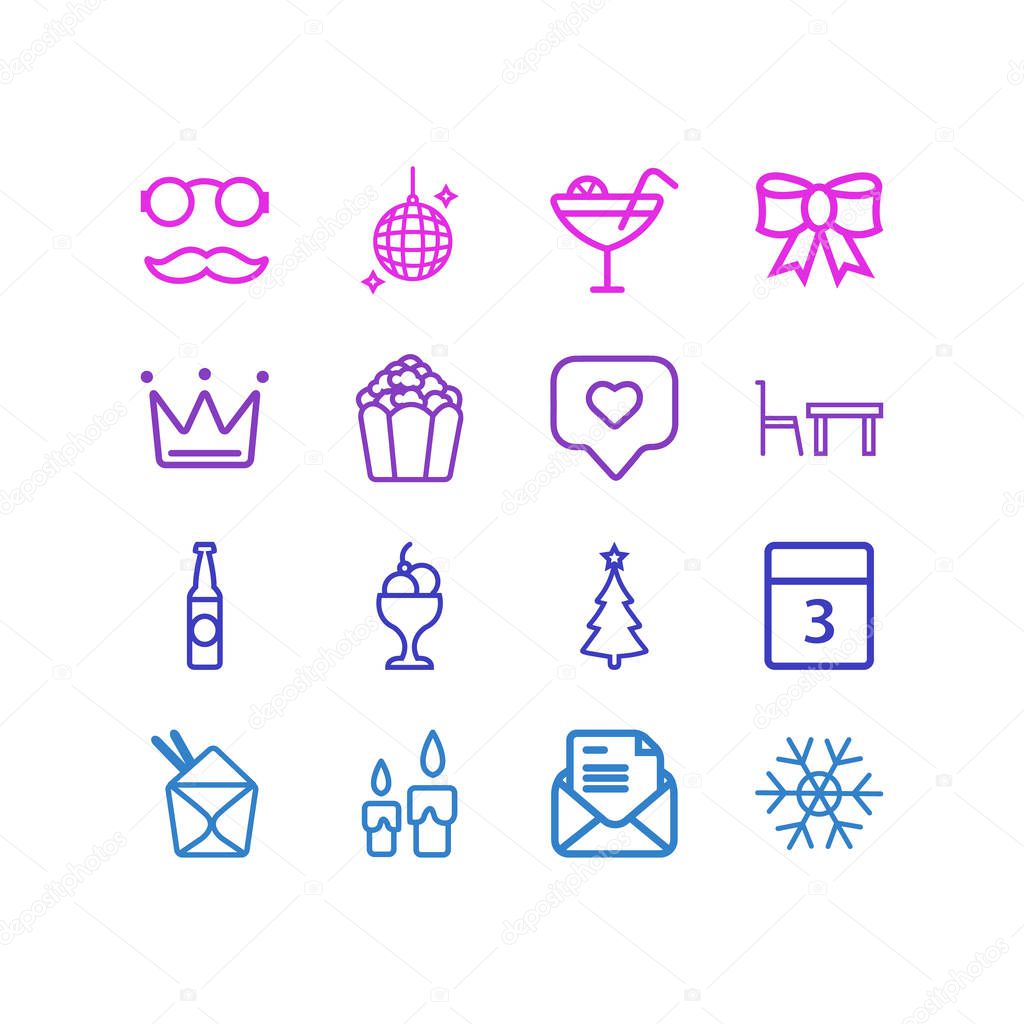 Vector illustration of 16 party icons line style. Editable set of festive bow, disco ball, ice cream bowl and other icon elements.