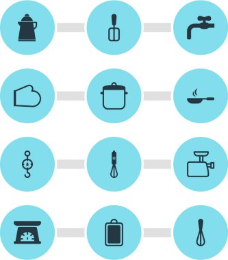 12 mutfak eşyaları simgeler vektör Illustration. Mutfak terazisi, su ısıtıcısı, çırpma teli ve diğer simge öğeleri düzenlenebilir kümesi.