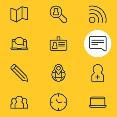 Vektör çizim 12 simgeleri çizgi stili bağlayın. Takım, arama profili, kimliği ve diğer simge öğeleri düzenlenebilir kümesi.