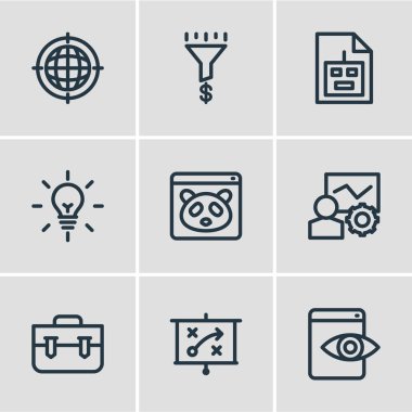Vektör çizim simgeler çizgi stili reklam 9. Taze fikir, trafik dönüştürme, Seo eğitim grafik adam Dişli ve diğer simge öğeleri düzenlenebilir kümesi.