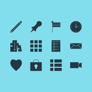 12 online simgeler vektör Illustration. PIN, kalp, kilit ve diğer simge öğeleri düzenlenebilir kümesi.