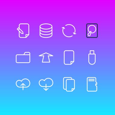 12 bellek simgeler çizgi stili vektör Illustration. Eşitleme, veritabanı, yükleme ve diğer simge öğeleri düzenlenebilir kümesi.