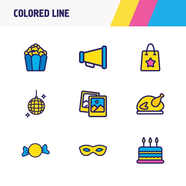 Ілюстрація 9 святкових іконок кольорової лінії. Підходящий набір цукерок, подарунковий пакет, елементи піктограм маскараду . — стокове фото