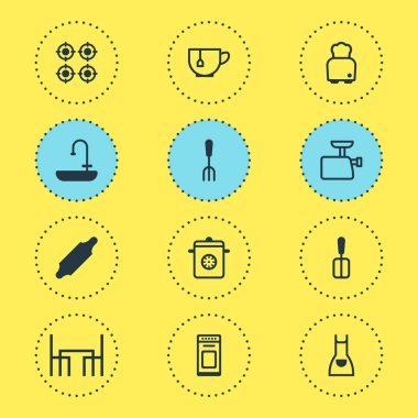 12 mutfak eşyaları simgeler vektör Illustration. Yemek masası, önlük, spatula ve diğer simge öğeleri düzenlenebilir kümesi.