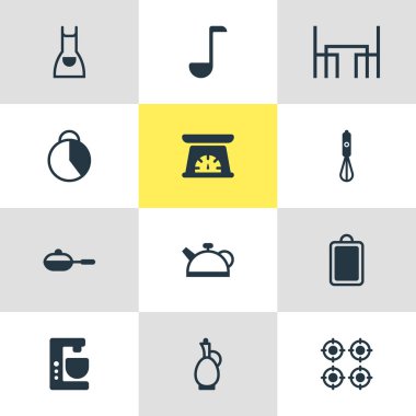 12 mutfak eşyaları simgeleri Illustration. Kesme tahtası, gaz sobası, blender ve diğer simge öğeleri düzenlenebilir kümesi.