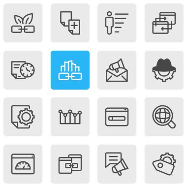 16 simgeler çizgi stili reklam gösterimi. Düzenlenebilir küme yinelenen içerik, ilgili içerik, Seo etiketi ve diğer simge öğeleri.