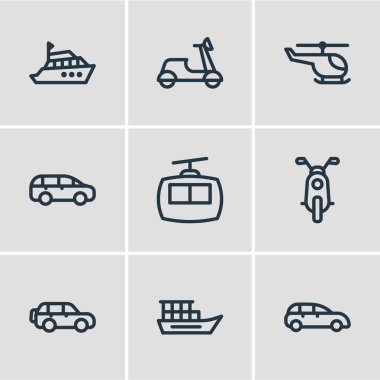 9 transit simgeler çizgi stili Illustration. Helikopter, mpv, suv ve diğer simge öğeleri düzenlenebilir kümesi.