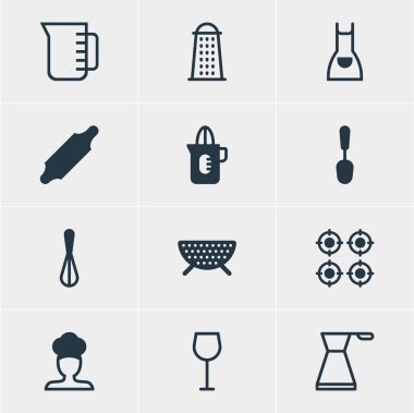 12 mutfak eşyaları simgeleri Illustration. Düzenlenebilir dizi kevgir, sıkacağı, çırpma teli simgesi öğeleri.