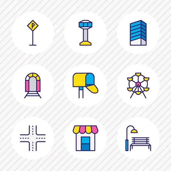 Ilustración de 9 iconos públicos línea de color. Conjunto editable de parque, encrucijada, edificio y otros elementos del icono . — Foto de Stock