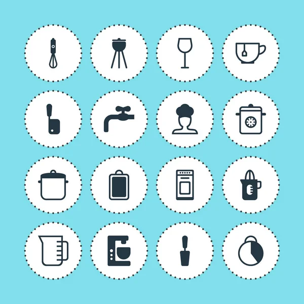 illustration of 16 restaurant icons. Editable set of meat cleaver, tea cup, cutting board and other icon elements.