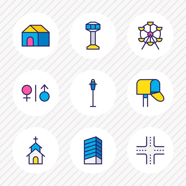 Abbildung von 9 Stadtsymbolen farbige Linie. editierbares Set von Briefkasten, Gebäude, Kirche und anderen Symbolelementen. — Stockfoto