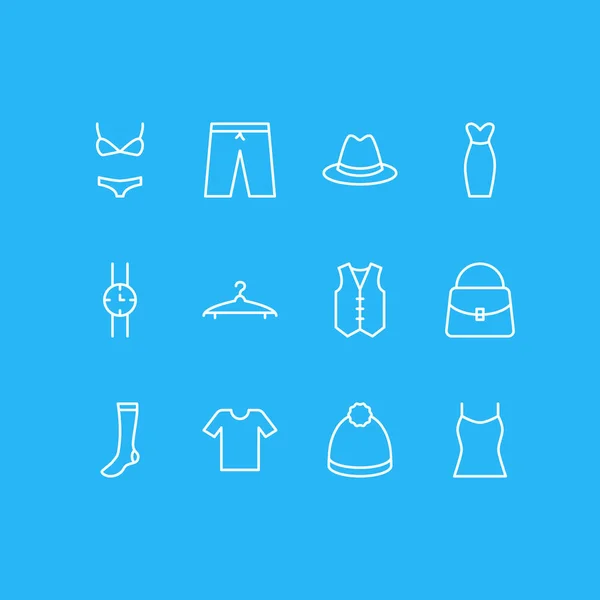 Ilustración de 12 iconos de vestido estilo de línea. Conjunto editable de vestido de noche, panama, reloj y otros elementos del icono . —  Fotos de Stock