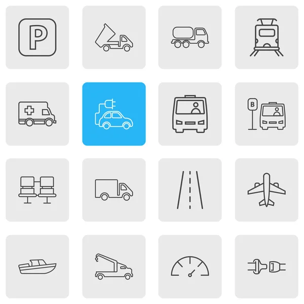 Ілюстрація 16 транспортних іконок стилю лінії. Набір елементів метро поїзд, шаттл, автовокзал та інші значки . — стокове фото