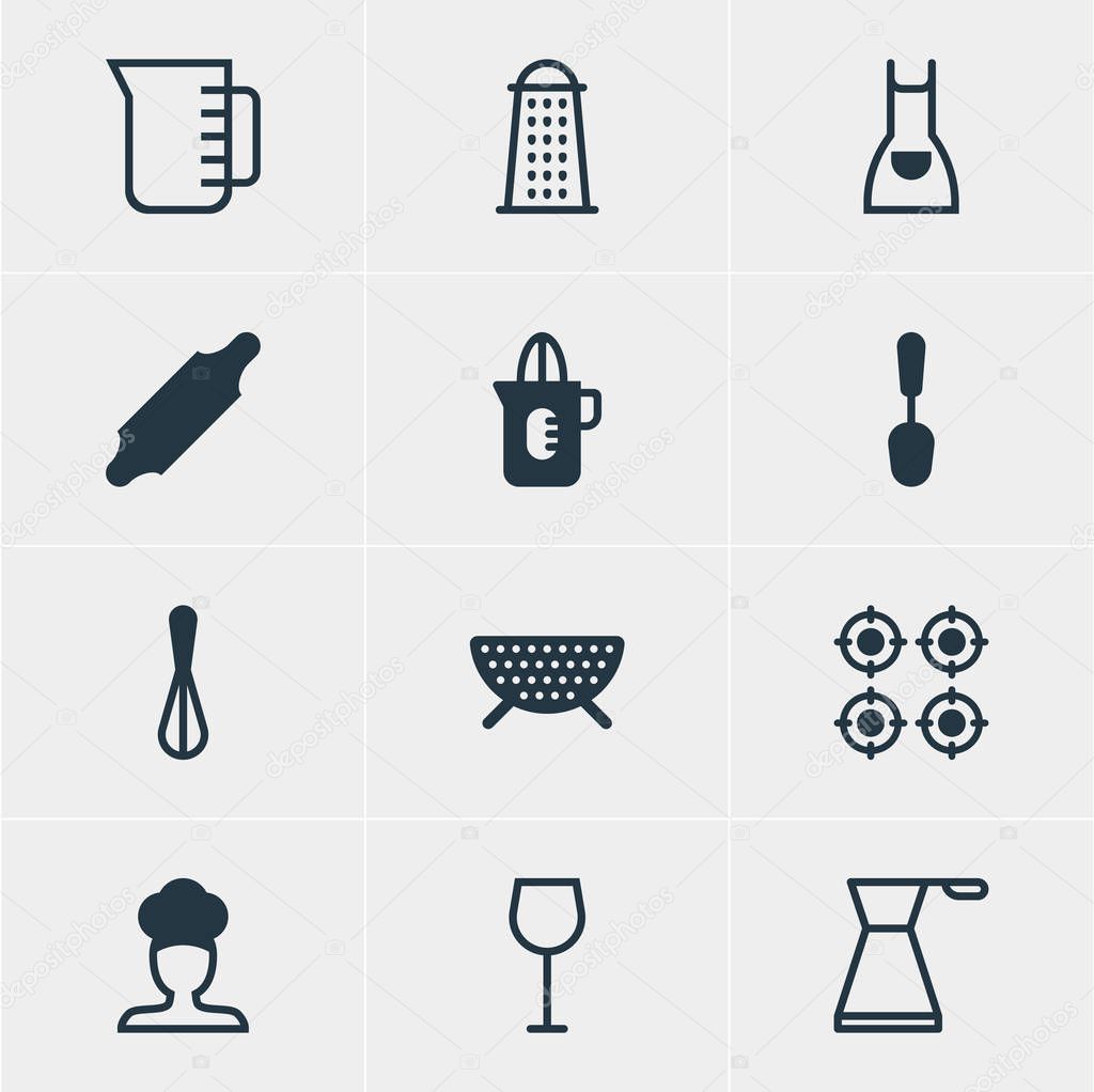 illustration of 12 kitchenware icons. Editable set of colander, squeezer, whisk icon elements.