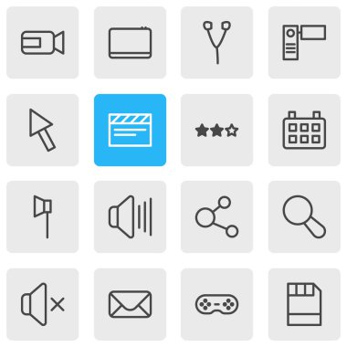 16 müzik simgeleri çizgi stili vektör Illustration. Video kamera, arama, takvim ve diğer simge öğeleri düzenlenebilir kümesi.