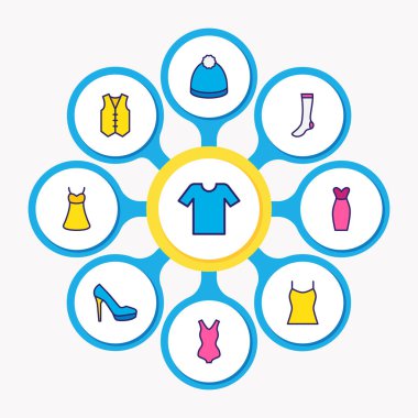 9 Giysi simgeler renkli çizgi vektör Illustration. Abiye, çorap, tank ve diğer simge öğeleri düzenlenebilir kümesi.