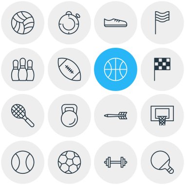 16 fitness simgeler çizgi stili vektör Illustration. Tenis, bitiş, basketbol ve diğer simge öğeleri düzenlenebilir kümesi.
