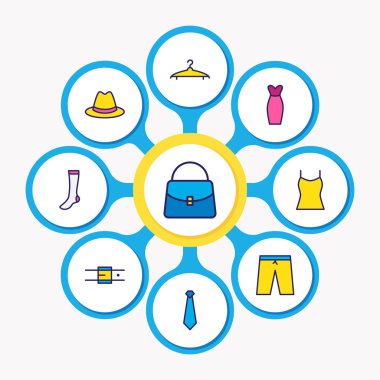 9 giyim simgeler renkli çizgi vektör Illustration. Askı, şapka, kemer ve diğer simge öğeleri düzenlenebilir kümesi.