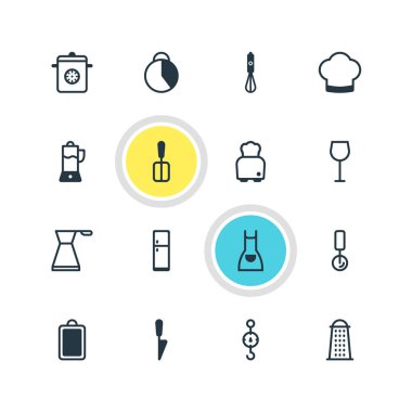 16 restoran simgeler vektör Illustration. Blender, katı meyve sıkacağı, kronometre ve diğer simge öğeleri düzenlenebilir kümesi.