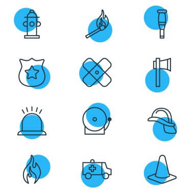 12 zorunluluk simgeler çizgi stili vektör Illustration. Siren, yangın, maç ve diğer simge öğeleri düzenlenebilir kümesi.