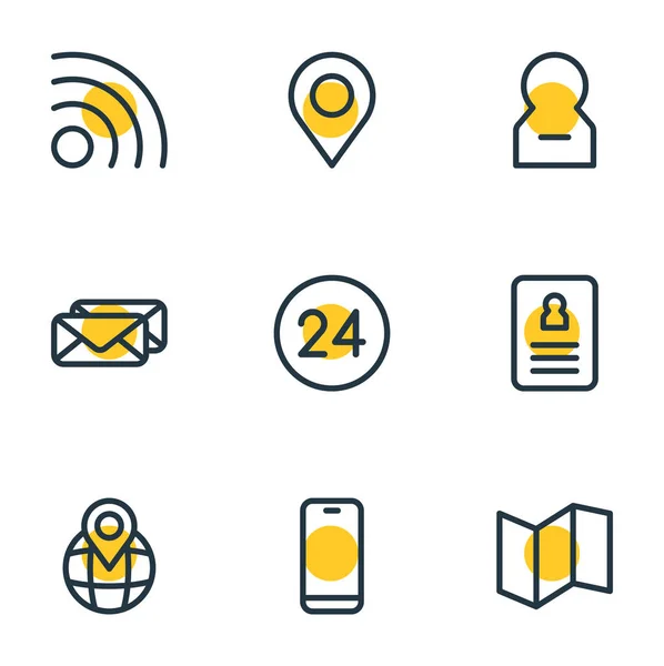 Ilustración vectorial de 9 iconos de contacto estilo de línea. Conjunto editable de wifi, mapa, smartphone y otros elementos del icono . — Vector de stock