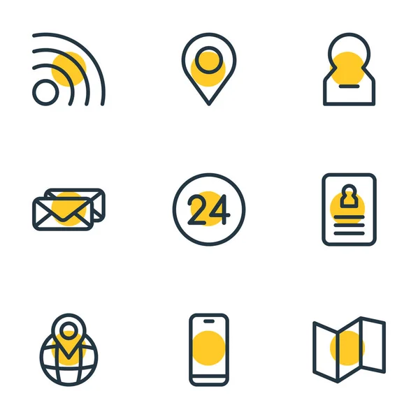 9 kişi simgeler çizgi stili vektör Illustration. Wifi, harita, akıllı telefon ve diğer simge öğeleri düzenlenebilir kümesi.