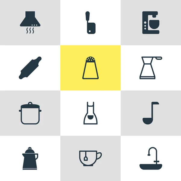 Vectorillustratie van 12 keukengerei pictogrammen. Bewerkbare set keuken kap, zout kelder, gootsteen en andere elementen van het pictogram. — Stockvector