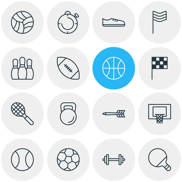 Ilustración vectorial de 16 iconos de fitness estilo línea. Conjunto editable de tenis, acabado, baloncesto y otros elementos del icono . — Archivo Imágenes Vectoriales