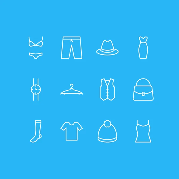 Illustration vectorielle de 12 icônes de robe style ligne. Ensemble modifiable de robe de soirée, panama, montre et autres éléments d'icône . — Image vectorielle