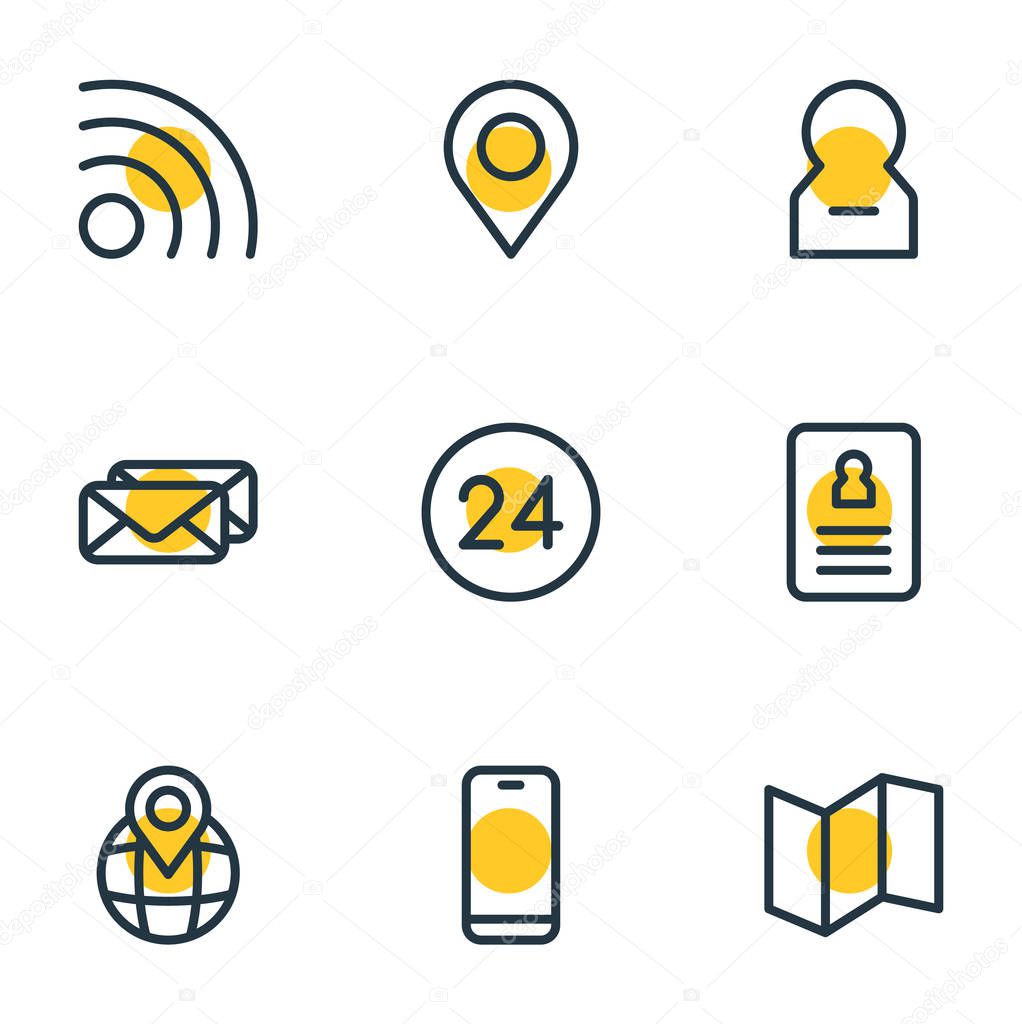 Vector illustration of 9 contact icons line style. Editable set of wifi, map, smartphone and other icon elements.