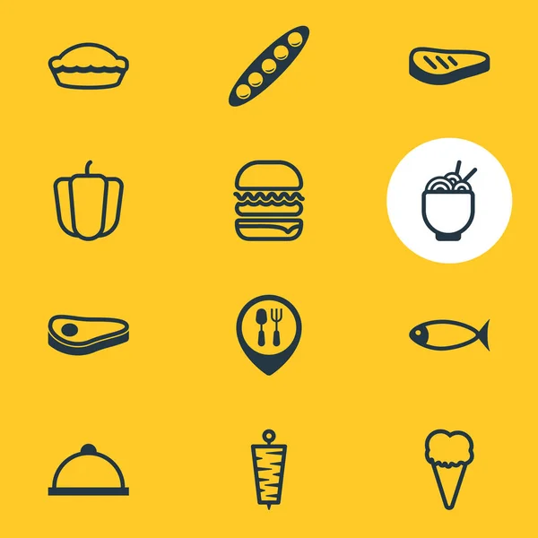 Ilustración de 12 iconos de comer estilo de línea. Conjunto editable de pimiento, lugar de la cena, helado y otros elementos del icono . — Foto de Stock