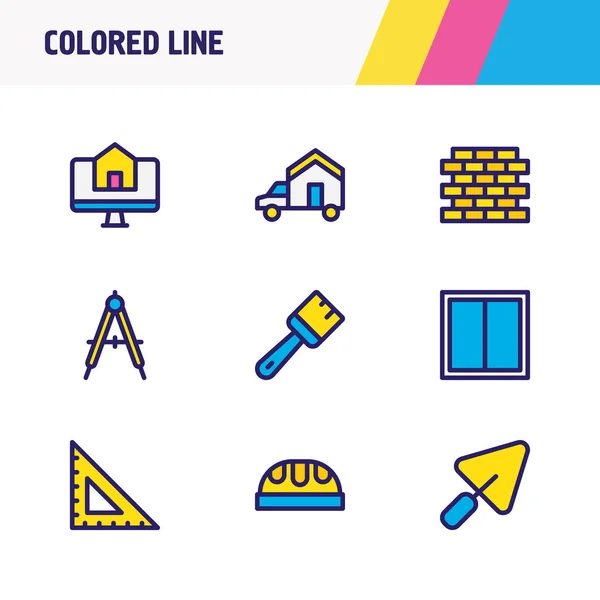 Ilustracja linia kolorowe ikony 9 przemysłowych. Można edytować zestaw kompas, pracownik kapelusz, Pędzel i inne elementy ikony. — Zdjęcie stockowe