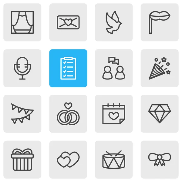 16 パーティ アイコンの行スタイルのイラスト。マイク、ドラム、心臓とアイコンの他の要素の編集可能なセット. — ストック写真