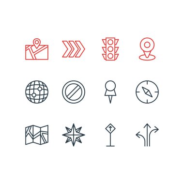 12 yönünde simgeler çizgi stili vektör Illustration. Yön, küre, okuma işareti ve diğer simge öğeleri düzenlenebilir kümesi.