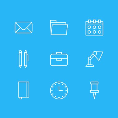 9 araçları simgeler çizgi stili vektör Illustration. Dizüstü bilgisayar, evrak çantası, klasör ve diğer simge öğeleri düzenlenebilir kümesi.