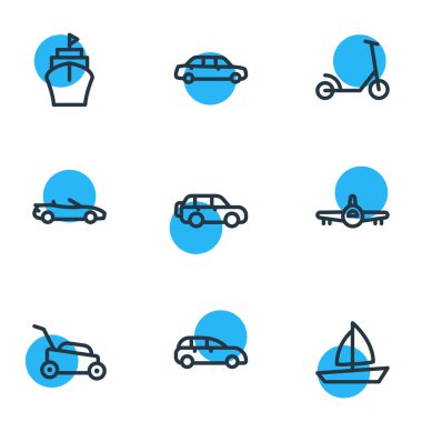 9 transit simgeler çizgi stili vektör Illustration. Gemi, tekne, lüks araba ve diğer simge öğeleri düzenlenebilir kümesi.