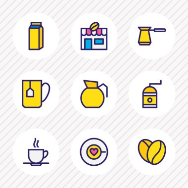 9 içki simgeler renkli çizgi vektör Illustration. Kahve aşk, kahve kupa, kahve değirmeni ve diğer simge öğeleri düzenlenebilir kümesi.