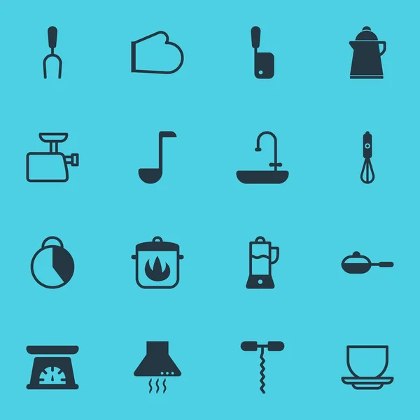Ilustracja wektorowa 16 ikon do gotowania. Można edytować zestaw umywalka, rękawice kuchenne, stoper i inne elementy ikony. — Wektor stockowy