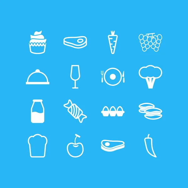 Ilustración vectorial de 16 iconos de comida estilo línea. Conjunto editable de botellas de leche, macarrones, cerezas y otros elementos del icono . — Vector de stock