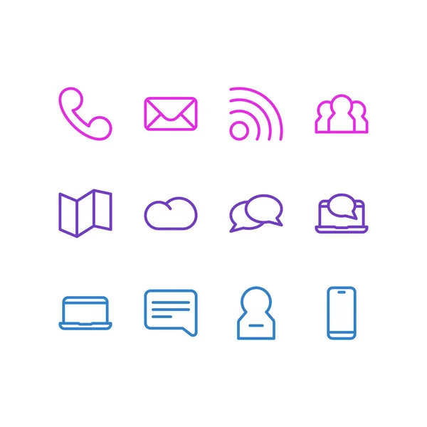 Ilustración vectorial de 12 iconos de la comunidad estilo de línea. Conjunto editable de nube, smartphone, eliminar usuario y otros elementos de icono . — Vector de stock