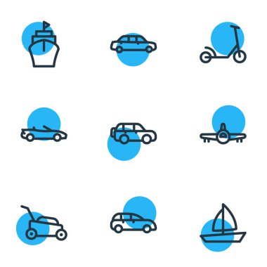 9 transit simgeler çizgi stili Illustration. Gemi, tekne, lüks araba ve diğer simge öğeleri düzenlenebilir kümesi.