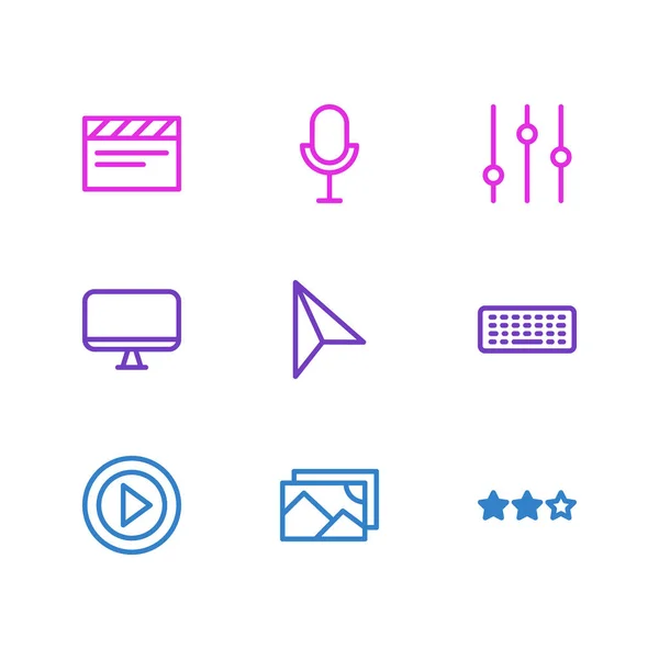 Ilustración de 9 iconos de medios estilo de línea. Conjunto editable de monitor, micrófono, estrella y otros elementos del icono . —  Fotos de Stock