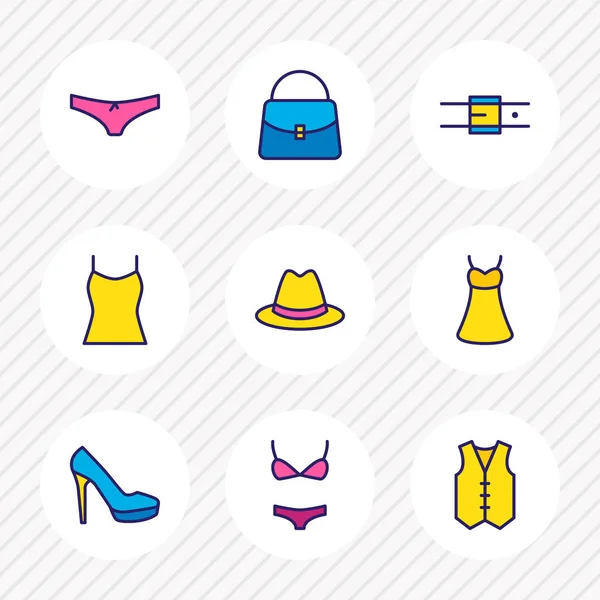 Abbildung von 9 Kleidungssymbolen farbige Linie. editierbare Tasche, Unterwäsche, Gürtel und andere Symbolelemente. — Stockfoto