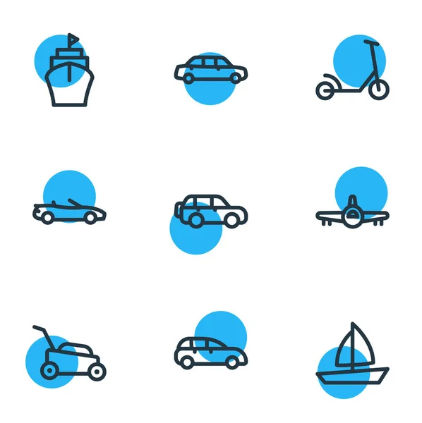 illustration of 9 transit icons line style. Editable set of ship, boat, luxury car and other icon elements.