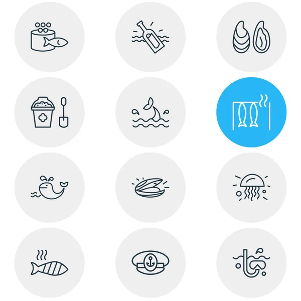 Vektorové ilustrace 12 moře ikony styl čáry. Upravitelné sada kaviár, kapitáni cap, želé ryb a dalších ikon prvků. — Stockový vektor