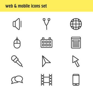 12 medya simgeleri çizgi stili Illustration. Bilgisayar fare, film, Web sitesi ve diğer simge öğeleri düzenlenebilir kümesi.