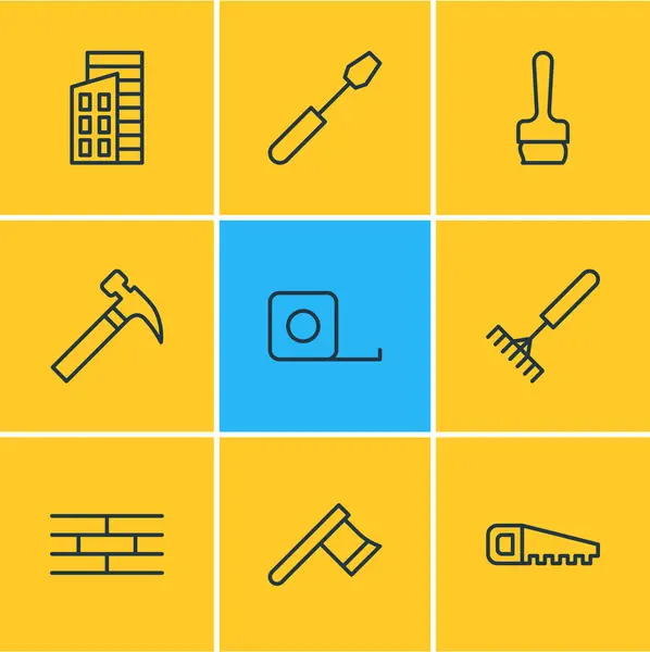 Ilustração de 9 ícones de construção estilo de linha. Conjunto editável de elementos de ícone de parede de tijolo, serra manual, régua . — Fotografia de Stock