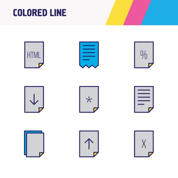 illustration of 9 paper icons colored line. Editable set of delete file, important file, HTML and other icon elements.