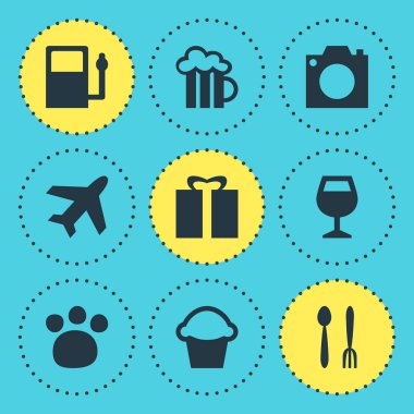 9 yer simgeler vektör Illustration. Hediye, kamera, pub ve diğer simge öğeleri düzenlenebilir kümesi.